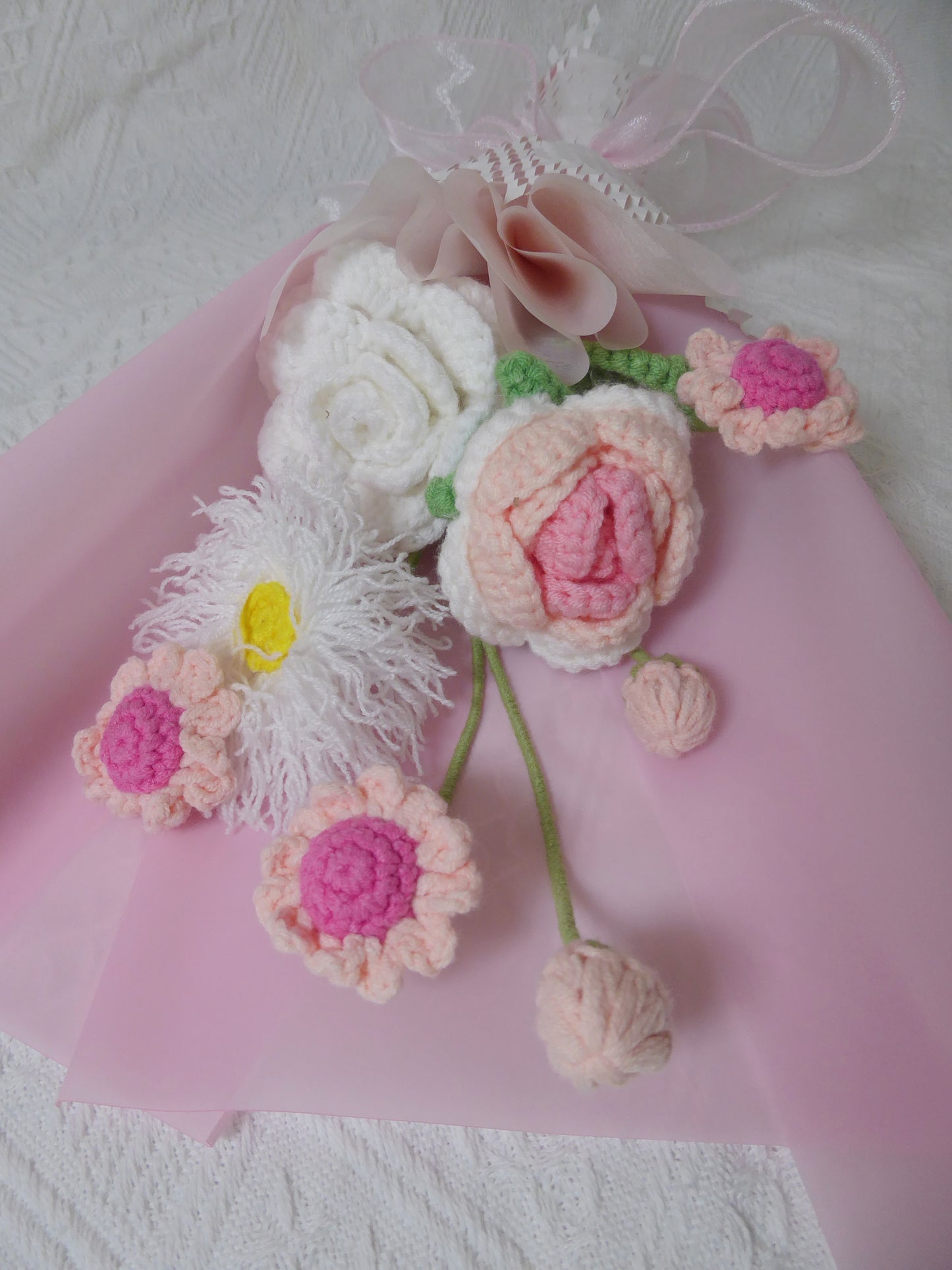 Crochet Flowers Bouquet Handmade, Finished Product, Daisy,Rose for Anniversary, Birthday, Graduation, Girlfriend, Mother love forever gift