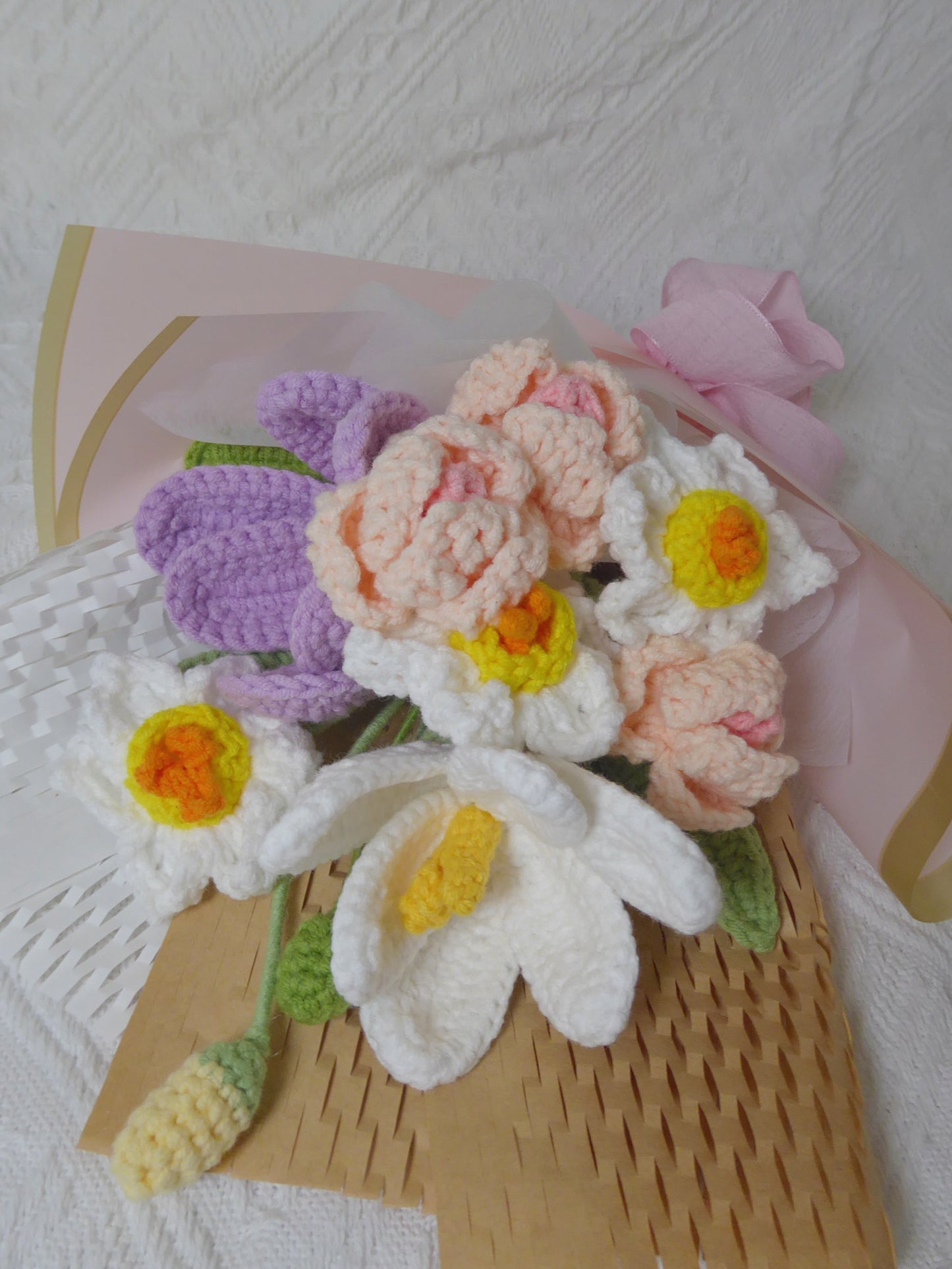 Crochet Flowers Bouquet Handmade, Finished Product, Narcissus,Tulip for Anniversary, Birthday, Graduation, Girlfriend, Mother love forever gift