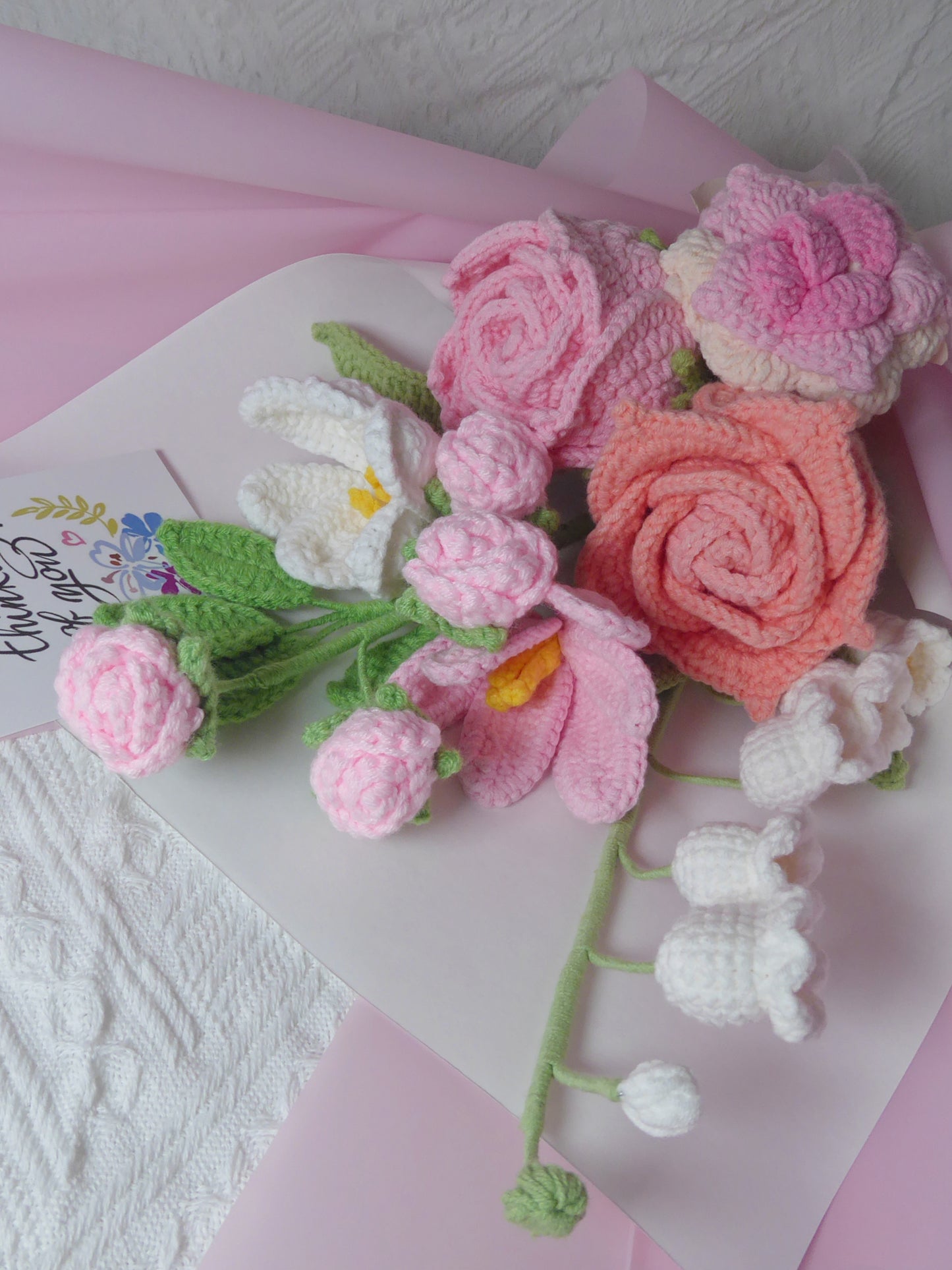 Crochet Flowers Bouquet Handmade, Finished Product, Lily in the Vally, Rose for Anniversary, Birthday, Graduation, Girlfriend, Mother love forever gift