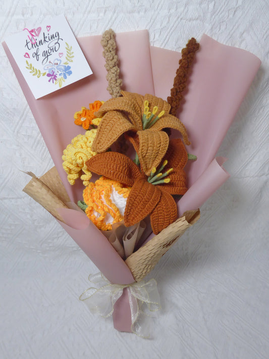 Crochet Flowers Bouquet Handmade, Finished Product, Lily, Rose for Anniversary, Halloween,Birthday, Graduation, Girlfriend, Mother love forever gift