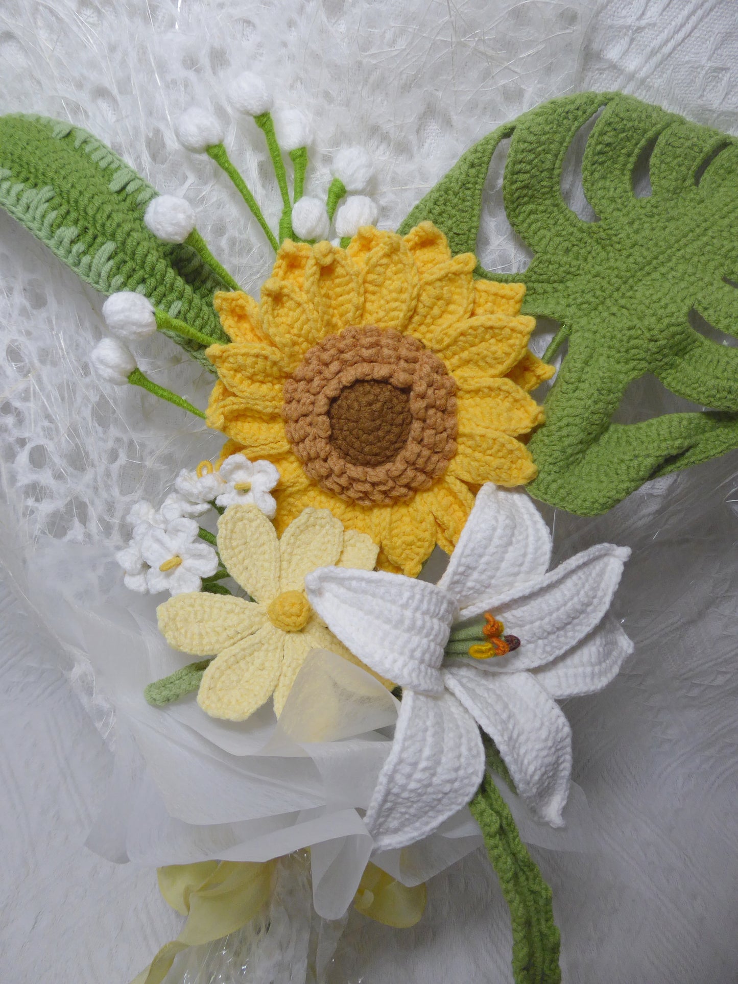 Crochet Flowers Bouquet Handmade, Finished Product, Sunflower, Lily for Anniversary, Halloween,Birthday, Graduation, Girlfriend, Mother love forever gift