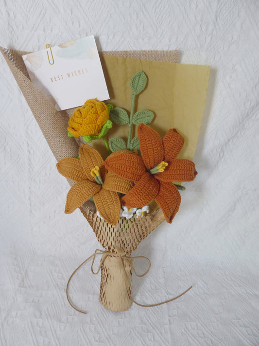 Crochet Flowers Bouquet Handmade, Finished Product, Lily, Rose for Anniversary, Halloween,Birthday, Graduation, Girlfriend, Mother love forever gift