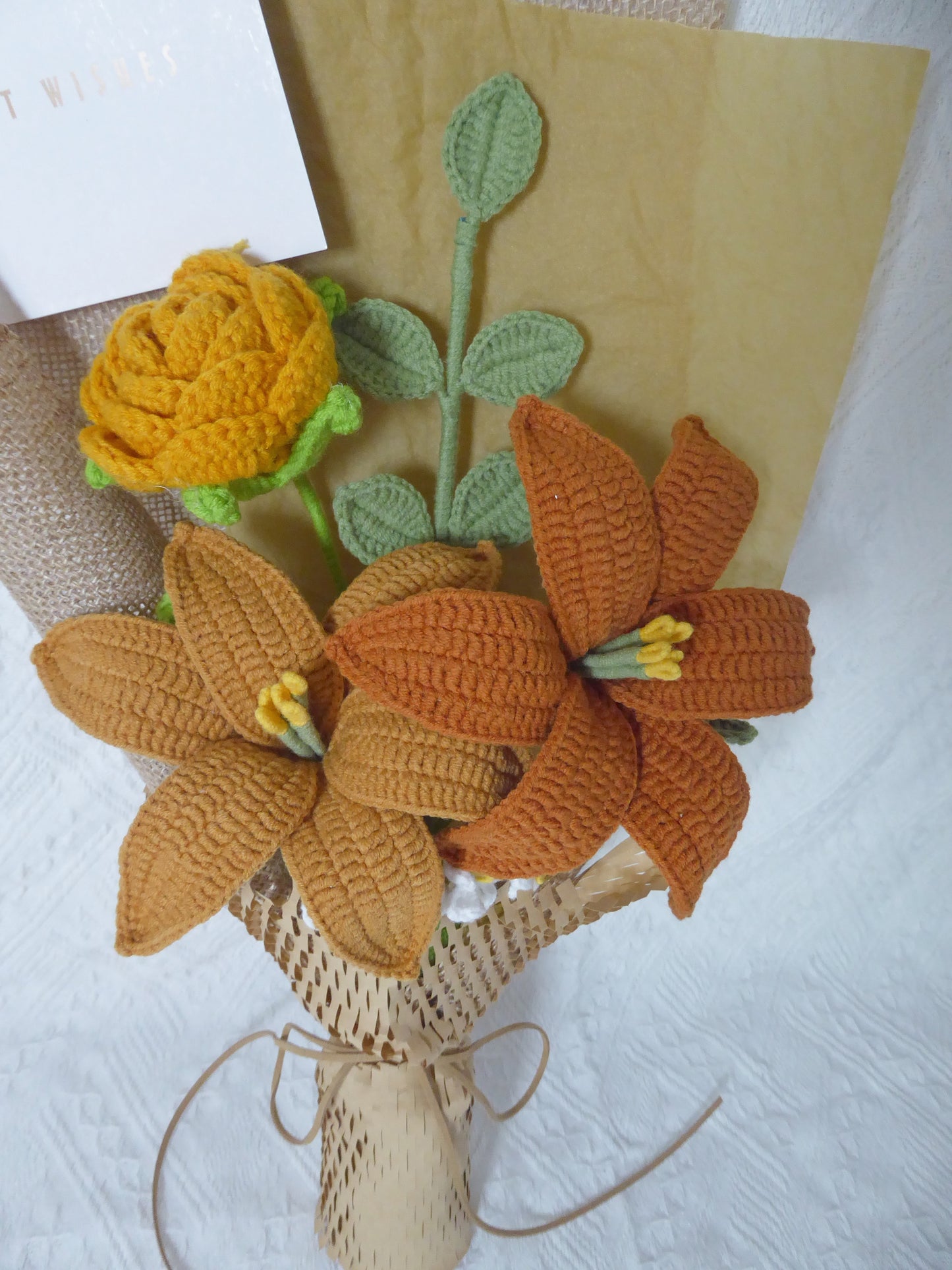 Crochet Flowers Bouquet Handmade, Finished Product, Lily, Rose for Anniversary, Halloween,Birthday, Graduation, Girlfriend, Mother love forever gift