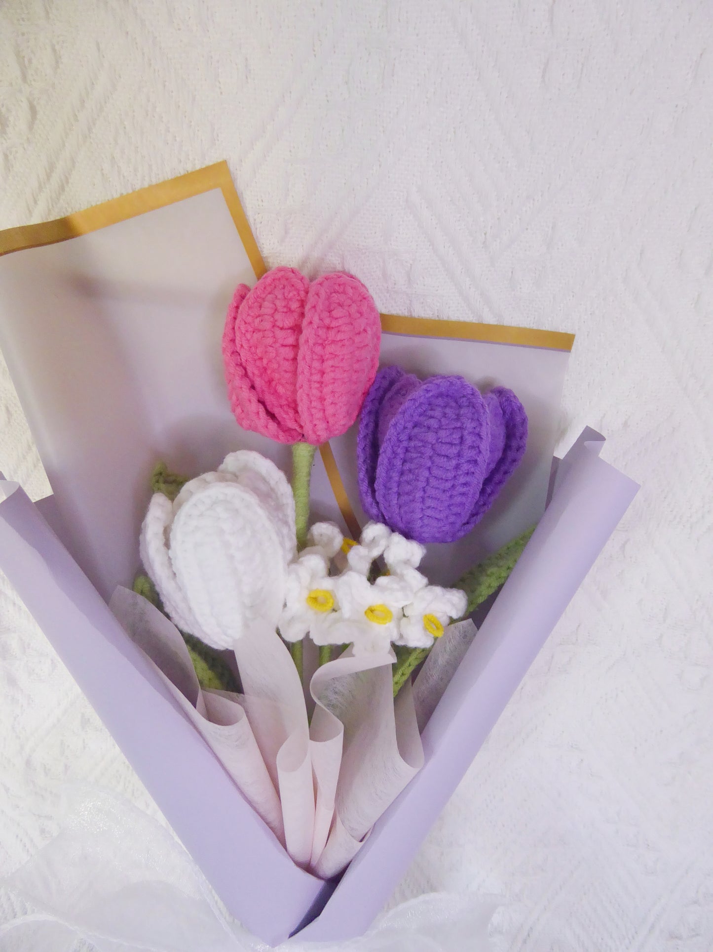 Crochet Flowers Bouquet Handmade, Finished Product, Tulip, Rose for Anniversary, Birthday, Graduation, Girlfriend, Mother love forever gift