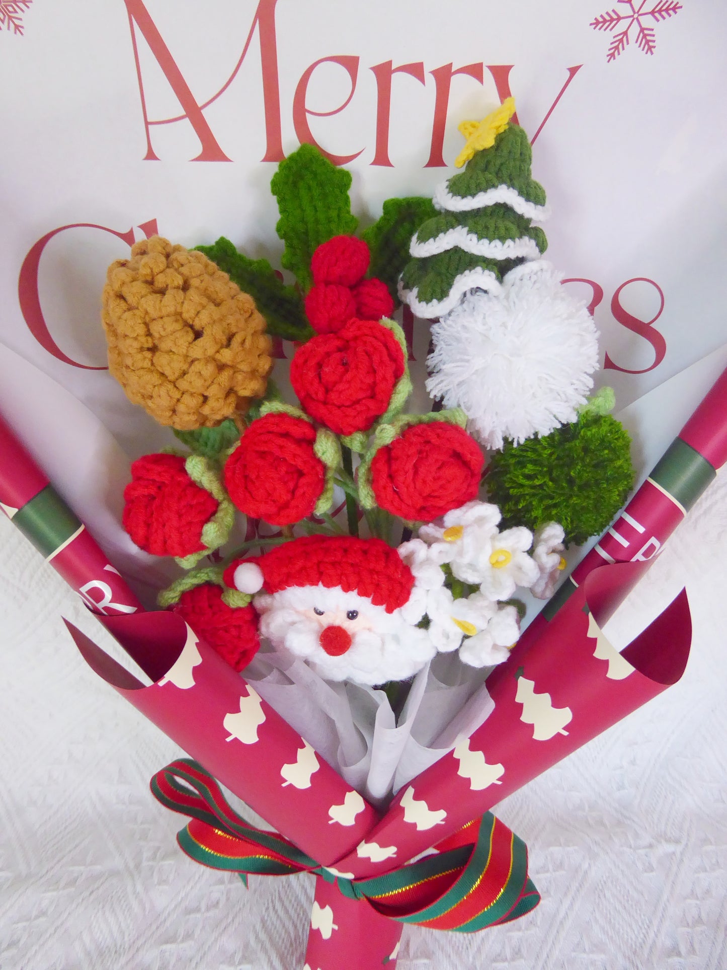 Crochet Flowers Bouquet Handmade, Finished Product, Santa Claus, Gifts for Anniversary, New Year,Birthday, Graduation, Girlfriend, Christmas Day, Holidays