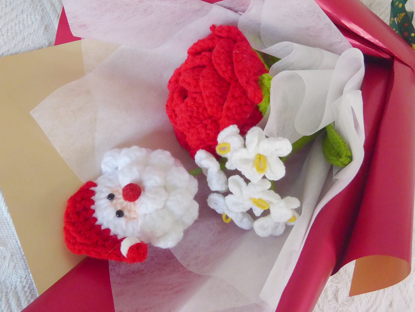 Crochet Flowers Bouquet Handmade, Finished Product, Santa Claus, Gifts for Anniversary, New Year,Birthday, Graduation, Girlfriend, Christmas Day, Holidays